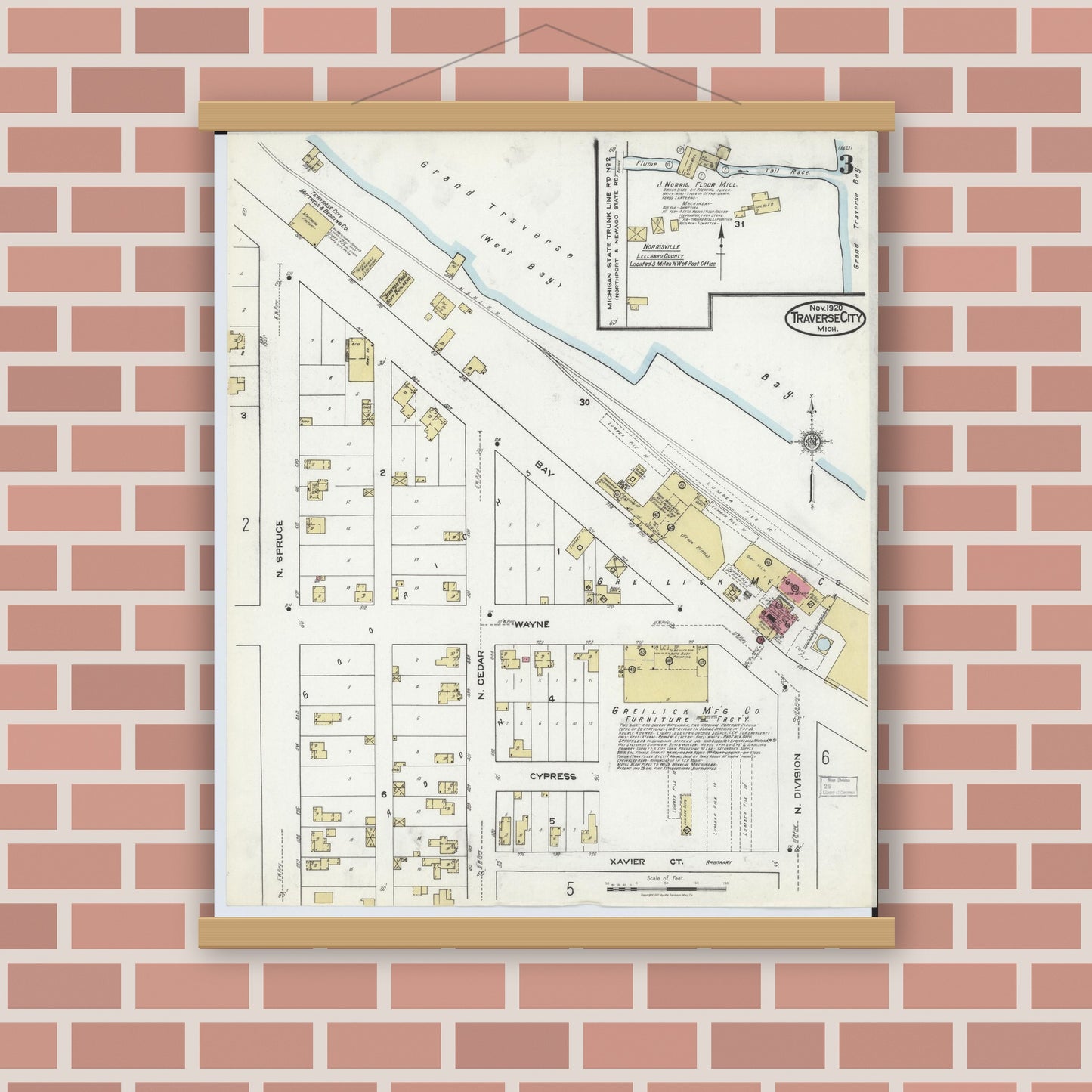 Old map wall art mockup — magnetic wood frame on brick wall — Sanborn Fire Insurance Map from Traverse City, Grand Traverse County, Michigan (1920), Sheet #0003