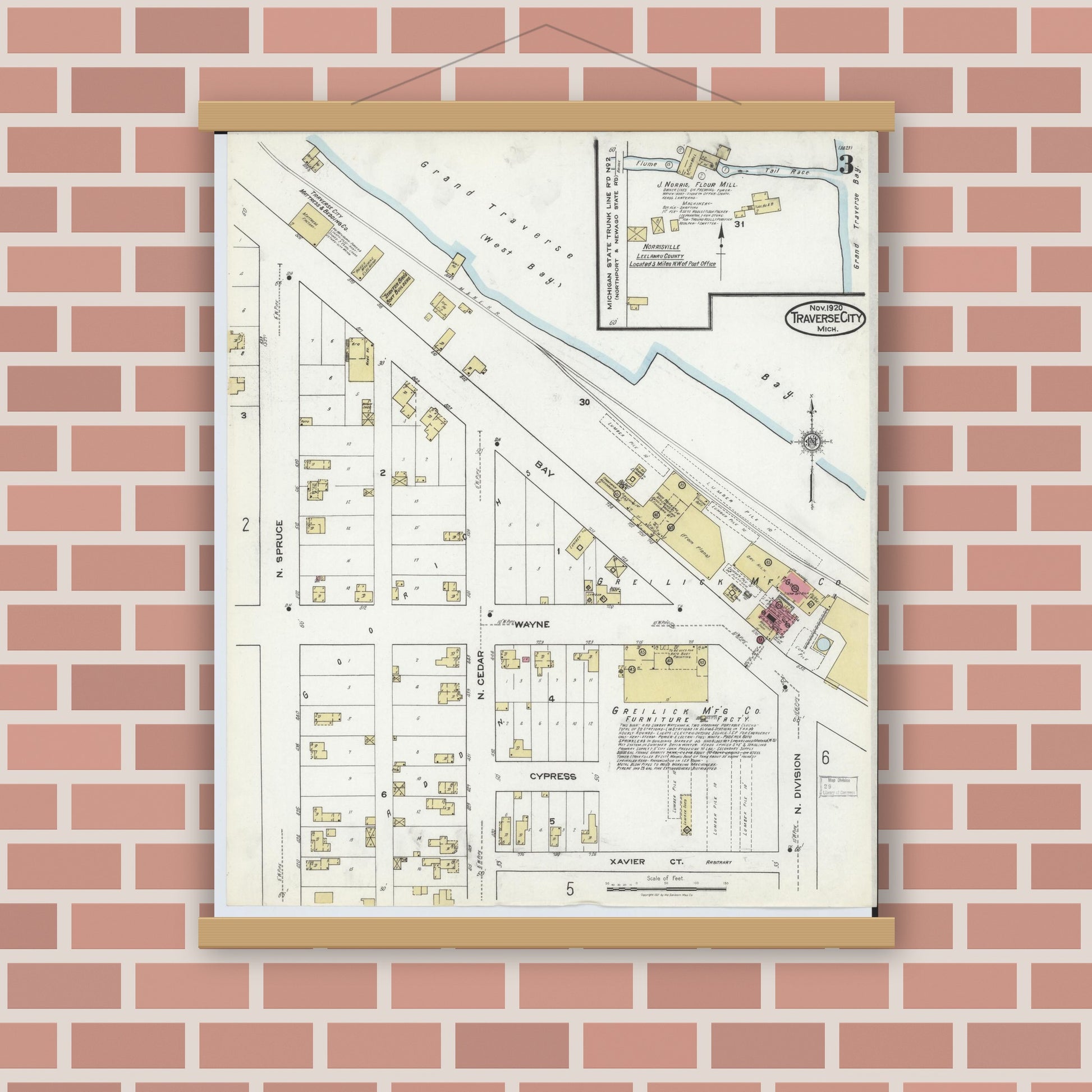 Old map wall art mockup — magnetic wood frame on brick wall — Sanborn Fire Insurance Map from Traverse City, Grand Traverse County, Michigan (1920), Sheet #0003