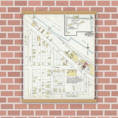 Old map wall art mockup — magnetic wood frame on brick wall — Sanborn Fire Insurance Map from Traverse City, Grand Traverse County, Michigan (1920), Sheet #0003