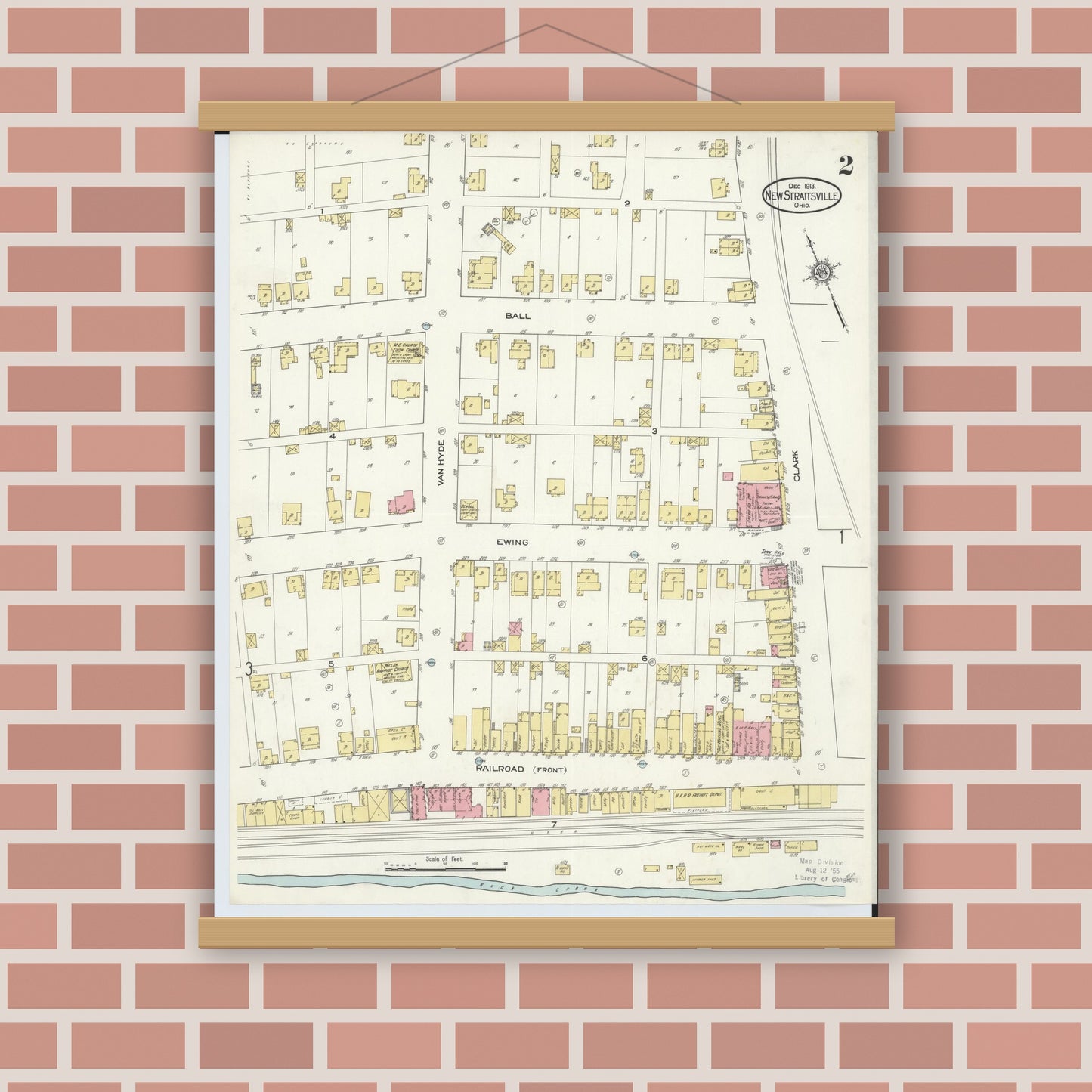Old map wall art mockup — magnetic wood frame on brick wall — Sanborn Fire Insurance Map from New Straitsville, Perry County, Ohio (1913), Sheet #0002