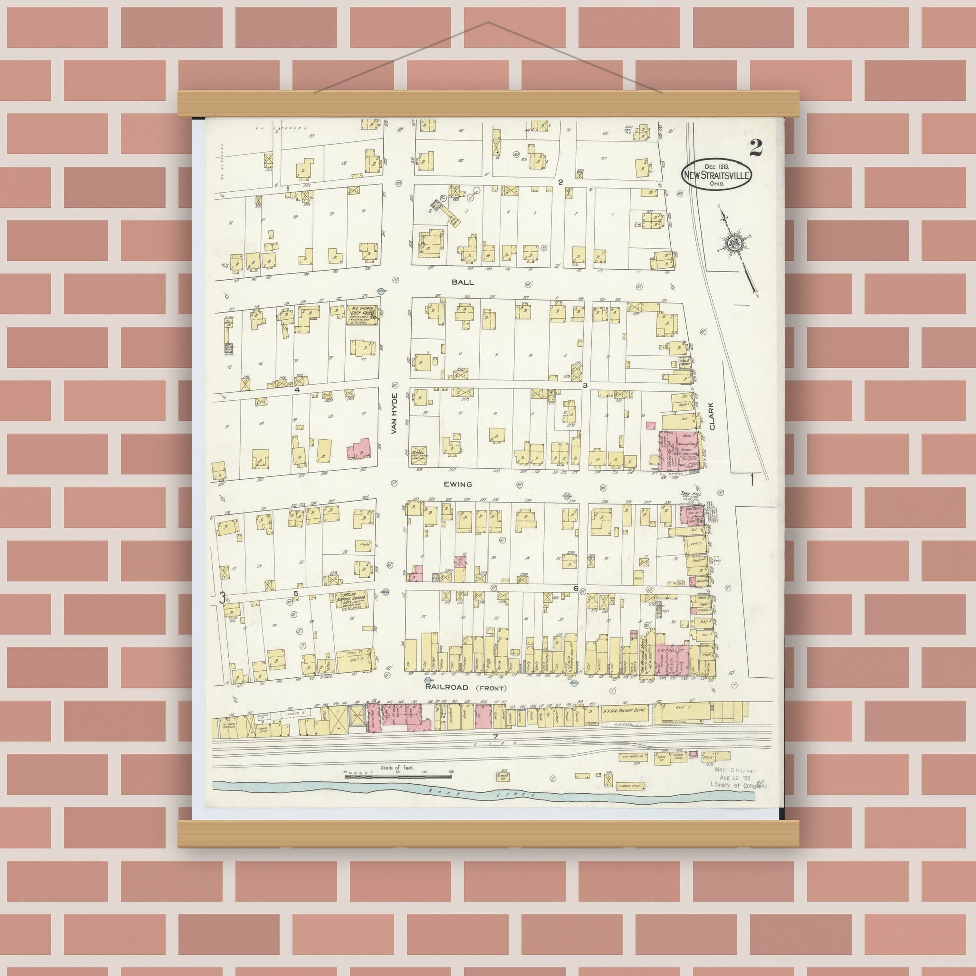 Old map wall art mockup — magnetic wood frame on brick wall — Sanborn Fire Insurance Map from New Straitsville, Perry County, Ohio (1913), Sheet #0002