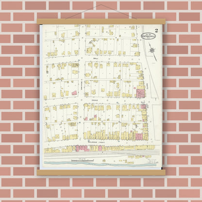 Old map wall art mockup — magnetic wood frame on brick wall — Sanborn Fire Insurance Map from New Straitsville, Perry County, Ohio (1913), Sheet #0002