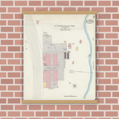 Old map wall art mockup — magnetic wood frame on brick wall — Sanborn Fire Insurance Map from Duquesne, Allegheny County, Pennsylvania (1896), Sheet #0007