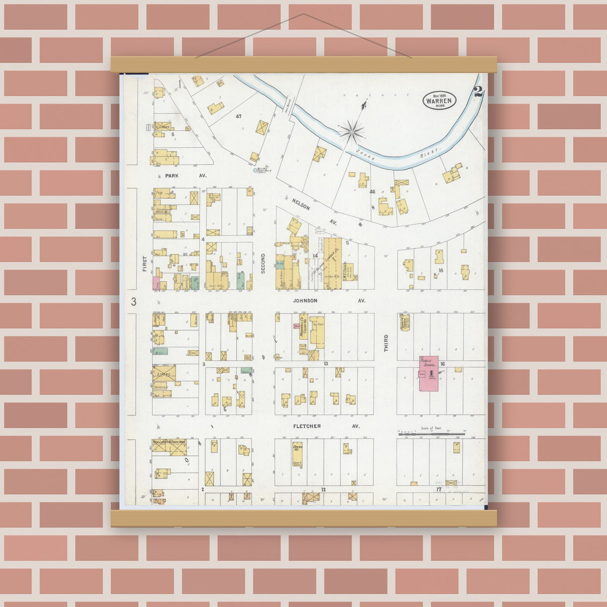 Old map wall art mockup — magnetic wood frame on brick wall — Sanborn Fire Insurance Map from Warren, Marshall County, Minnesota (1899), Sheet #0002