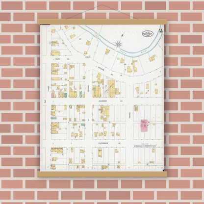 Old map wall art mockup — magnetic wood frame on brick wall — Sanborn Fire Insurance Map from Warren, Marshall County, Minnesota (1899), Sheet #0002