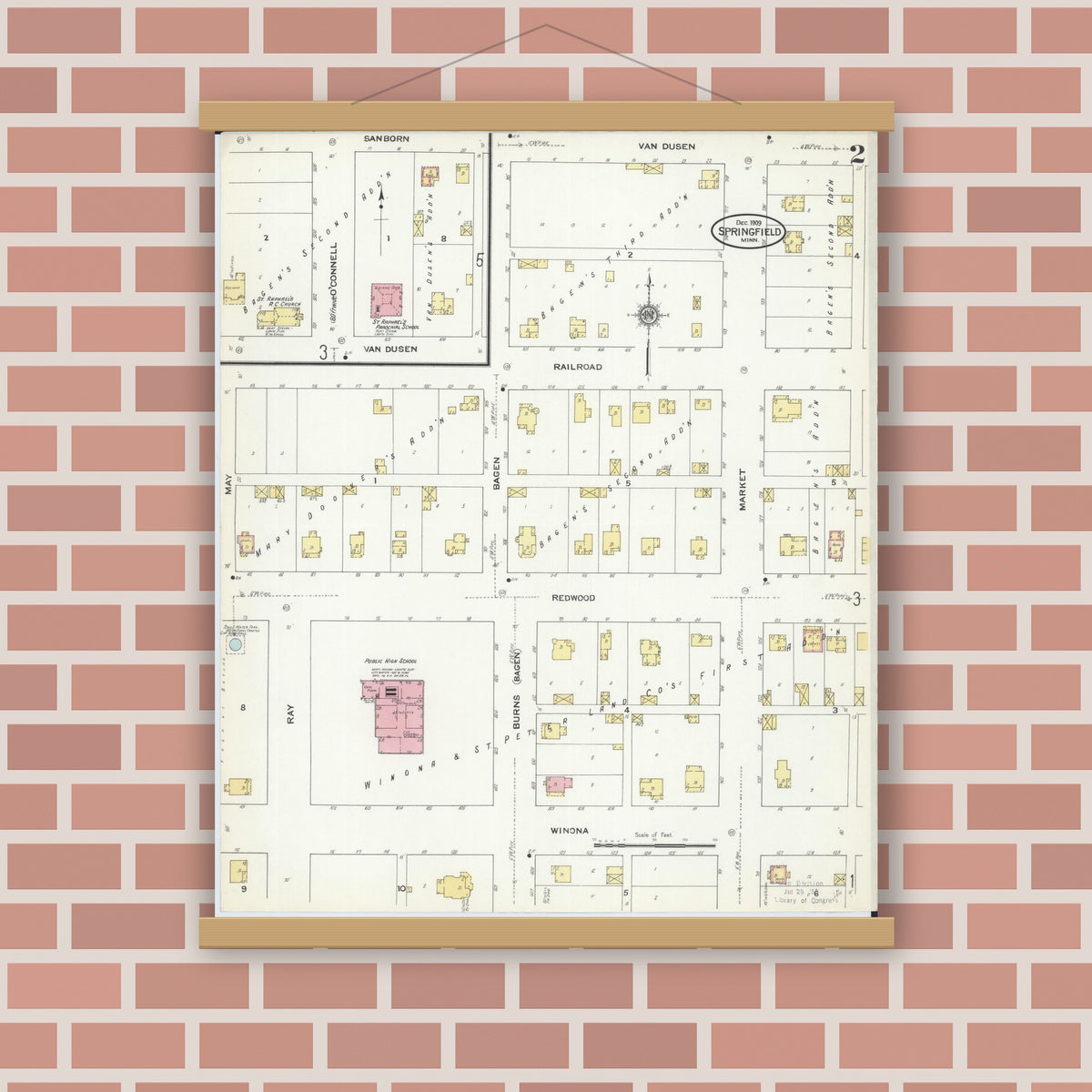 Old map wall art mockup — magnetic wood frame on brick wall — Sanborn Fire Insurance Map from Springfield, Brown County, Minnesota (1909), Sheet #0002