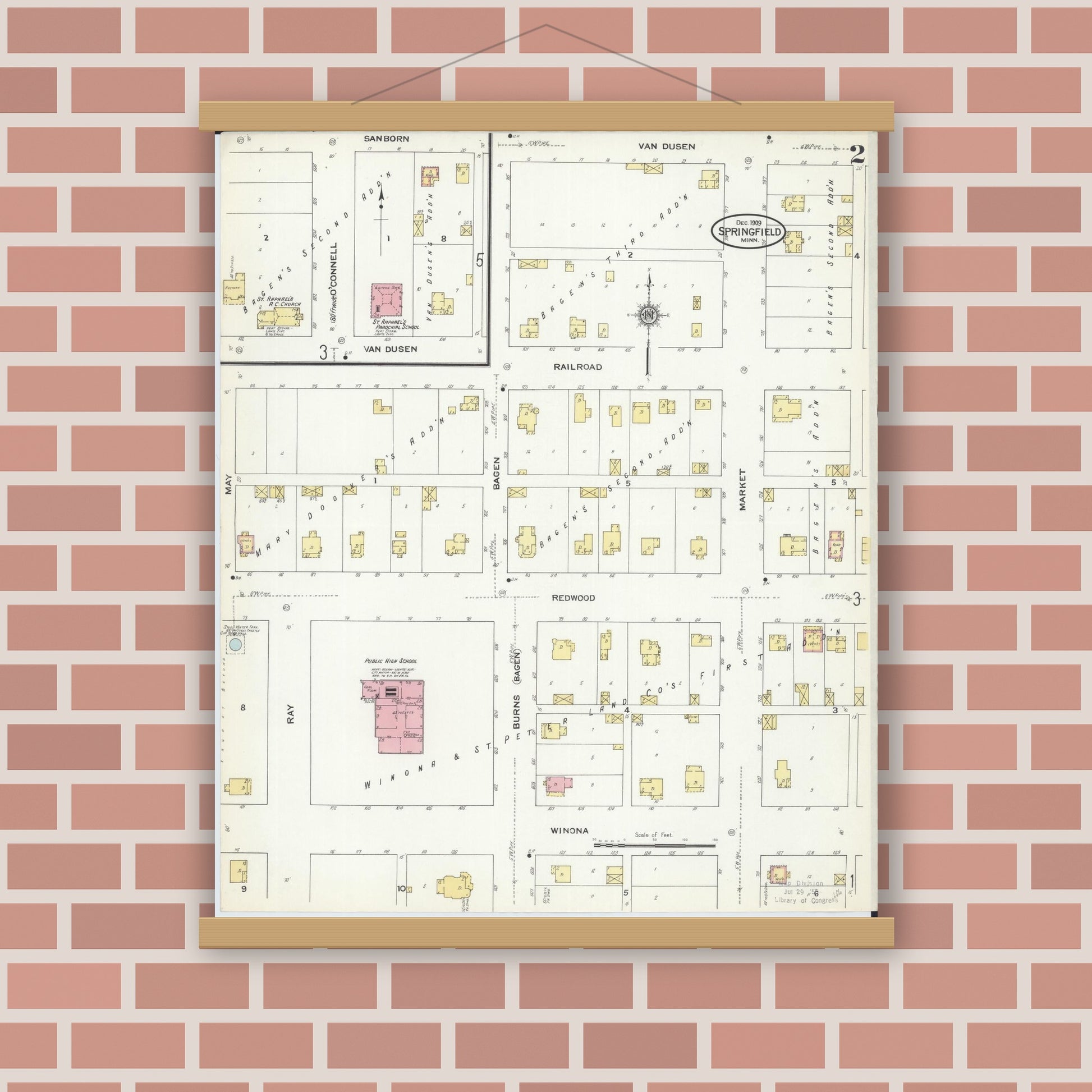 Old map wall art mockup — magnetic wood frame on brick wall — Sanborn Fire Insurance Map from Springfield, Brown County, Minnesota (1909), Sheet #0002