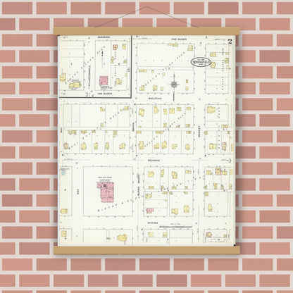 Old map wall art mockup — magnetic wood frame on brick wall — Sanborn Fire Insurance Map from Springfield, Brown County, Minnesota (1909), Sheet #0002