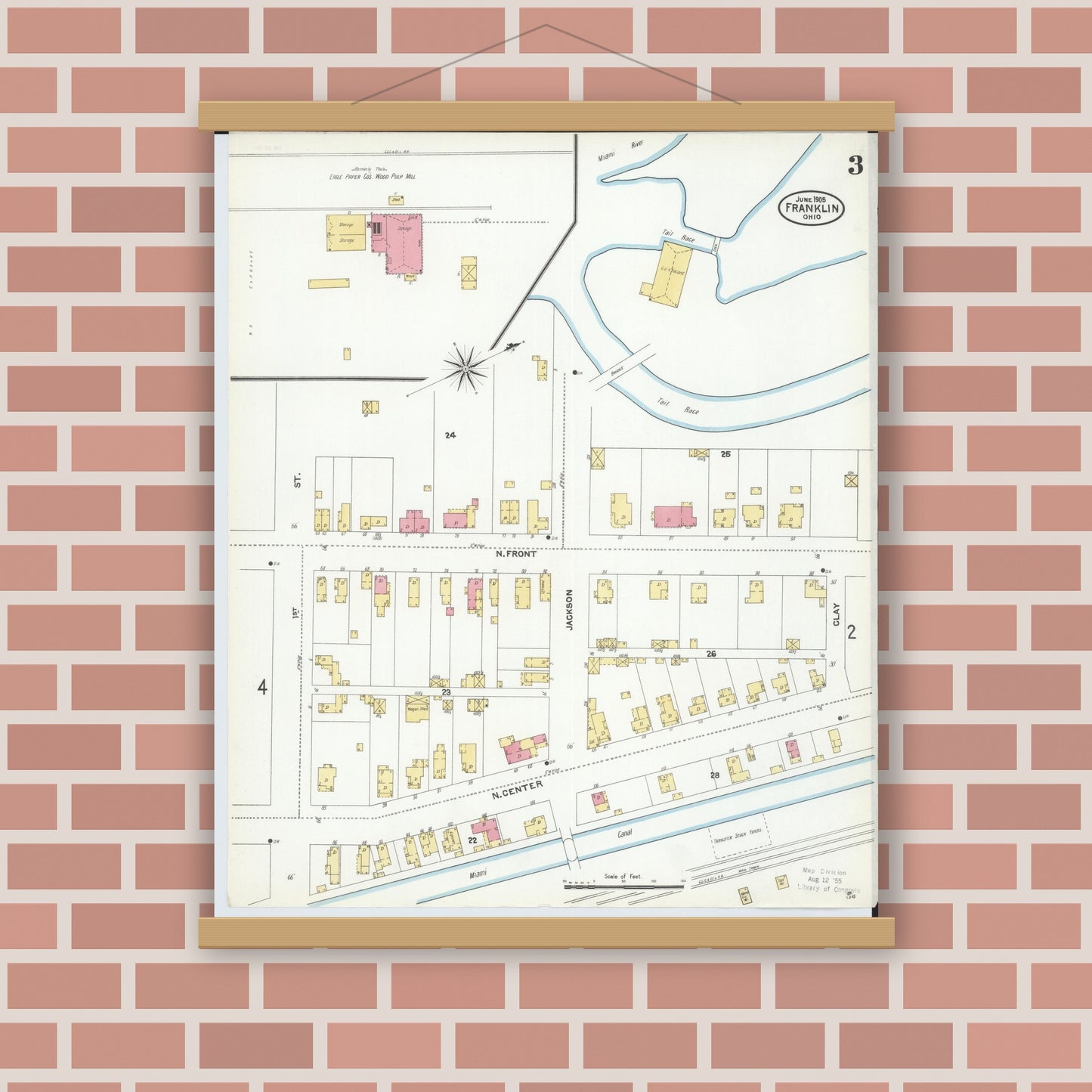 Old map wall art mockup — magnetic wood frame on brick wall — Sanborn Fire Insurance Map from Franklin, Warren County, Ohio (1905), Sheet #0003