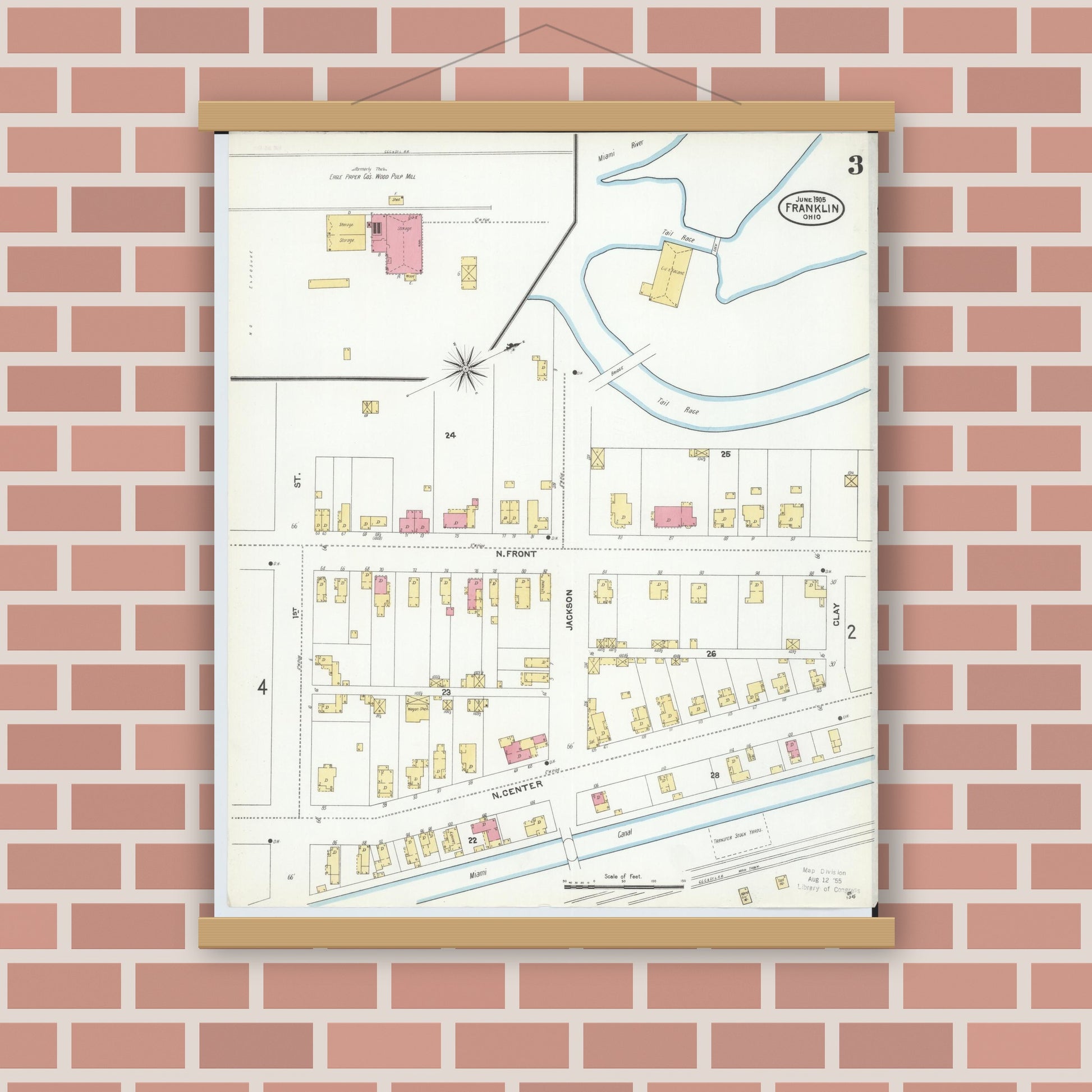 Old map wall art mockup — magnetic wood frame on brick wall — Sanborn Fire Insurance Map from Franklin, Warren County, Ohio (1905), Sheet #0003
