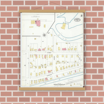 Old map wall art mockup — magnetic wood frame on brick wall — Sanborn Fire Insurance Map from Franklin, Warren County, Ohio (1905), Sheet #0003