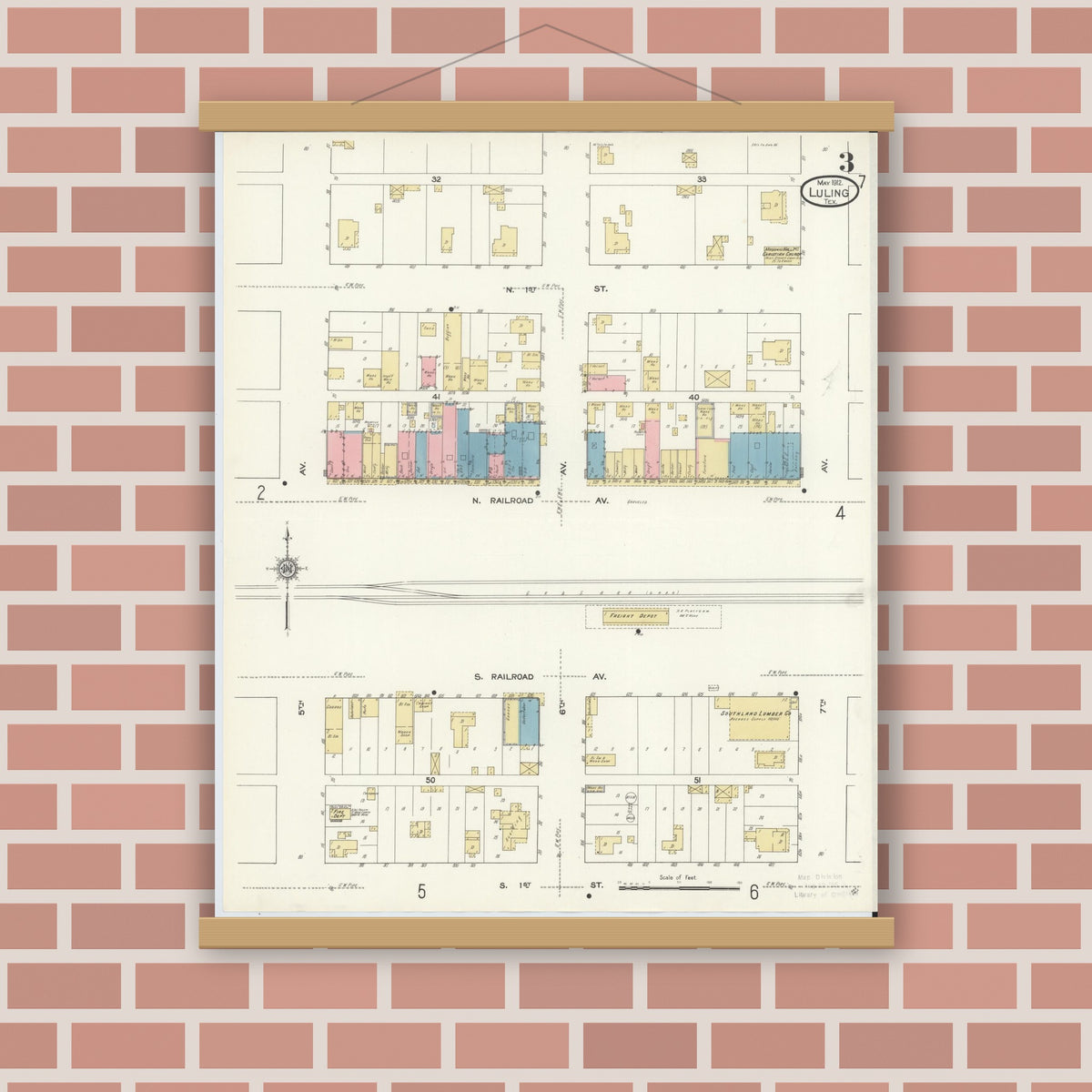 Old map wall art mockup — magnetic wood frame on brick wall — Sanborn Fire Insurance Map from Luling, Caldwell County, Texas (1912), Sheet #0003