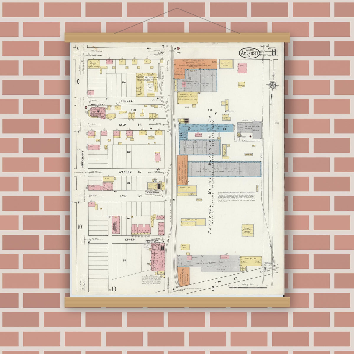 Old map wall art mockup — magnetic wood frame on brick wall — Sanborn Fire Insurance Map from Ambridge, Beaver County, Pennsylvania (1917), Sheet #0008