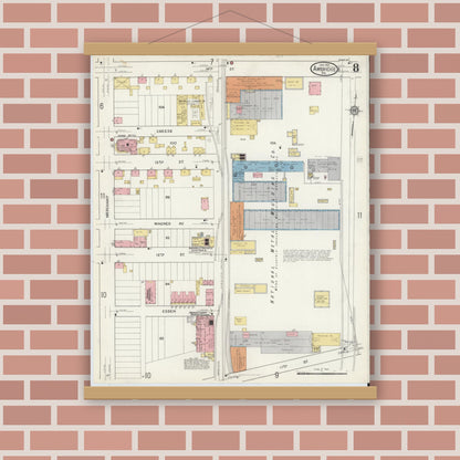 Old map wall art mockup — magnetic wood frame on brick wall — Sanborn Fire Insurance Map from Ambridge, Beaver County, Pennsylvania (1917), Sheet #0008