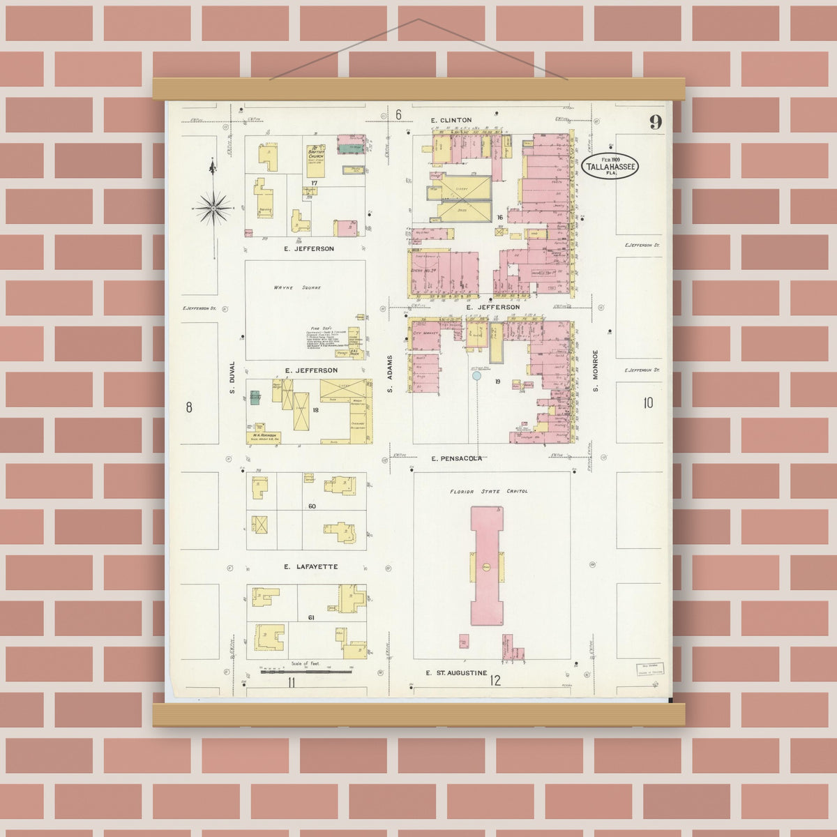Old map wall art mockup — magnetic wood frame on brick wall — Sanborn Fire Insurance Map from Tallahassee, Leon County, Florida (1909), Sheet #0009
