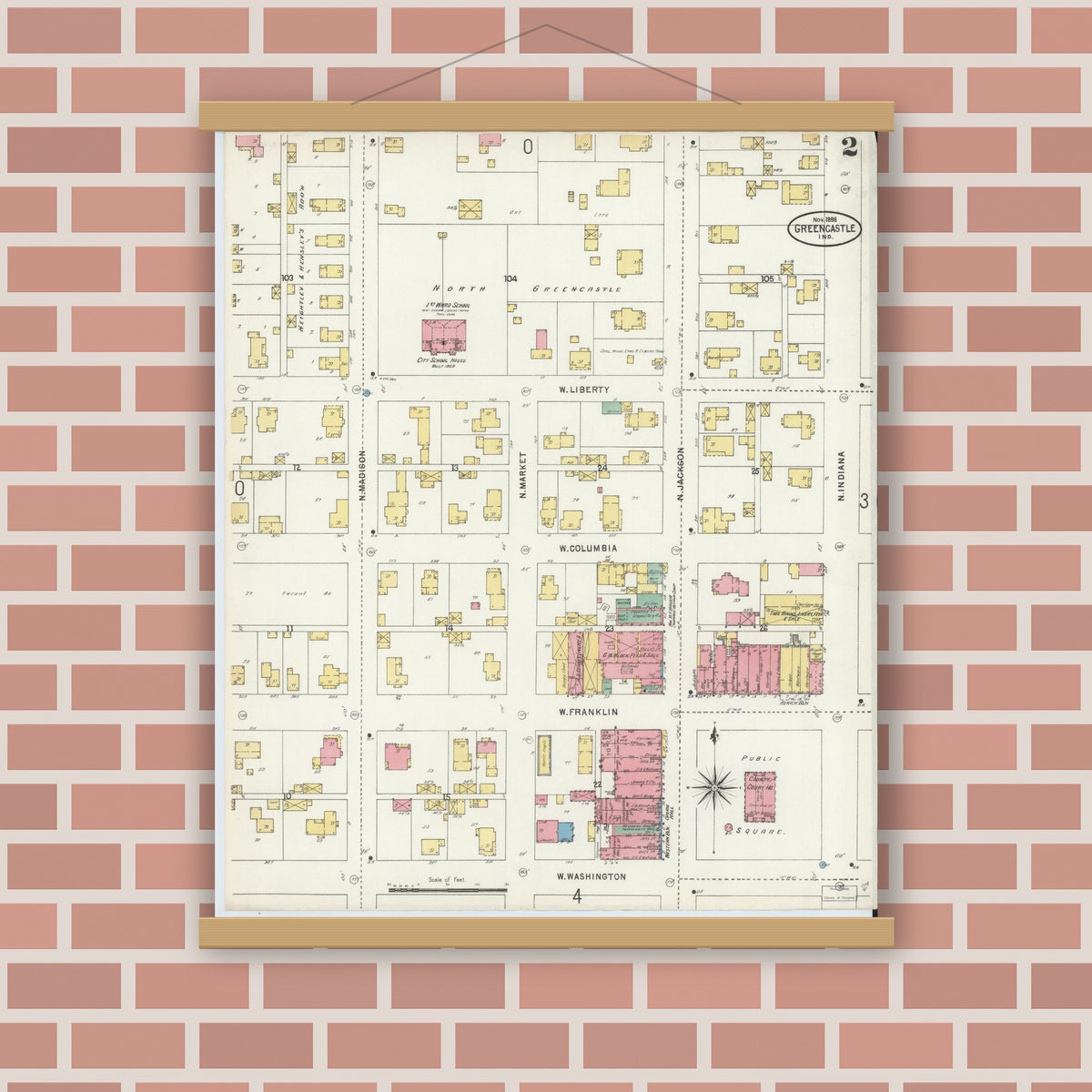 Old map wall art mockup — magnetic wood frame on brick wall — Sanborn Fire Insurance Map from Greencastle, Putnam County, Indiana (1898), Sheet #0002