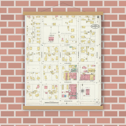 Old map wall art mockup — magnetic wood frame on brick wall — Sanborn Fire Insurance Map from Greencastle, Putnam County, Indiana (1898), Sheet #0002