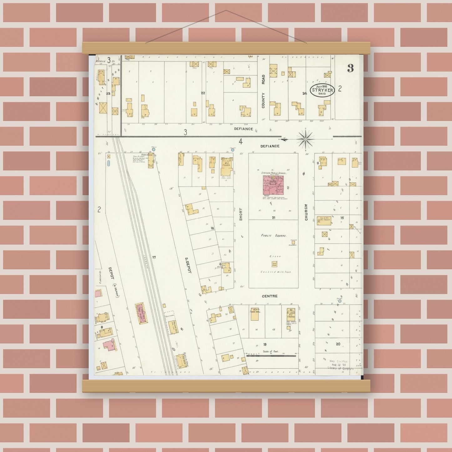 Old map wall art mockup — magnetic wood frame on brick wall — Sanborn Fire Insurance Map from Stryker, Williams County, Ohio (1905), Sheet #0003