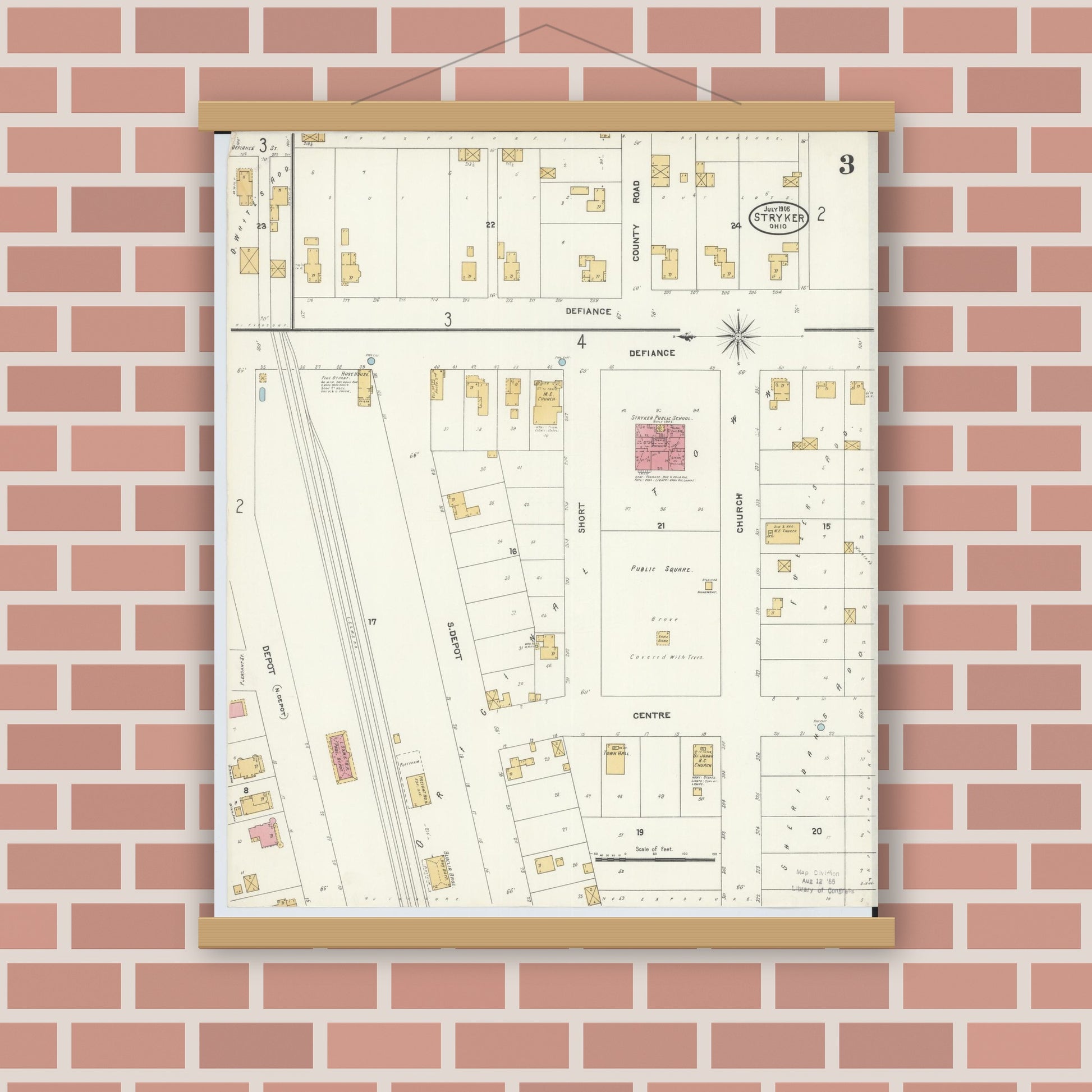 Old map wall art mockup — magnetic wood frame on brick wall — Sanborn Fire Insurance Map from Stryker, Williams County, Ohio (1905), Sheet #0003