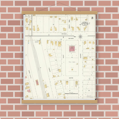 Old map wall art mockup — magnetic wood frame on brick wall — Sanborn Fire Insurance Map from Stryker, Williams County, Ohio (1905), Sheet #0003