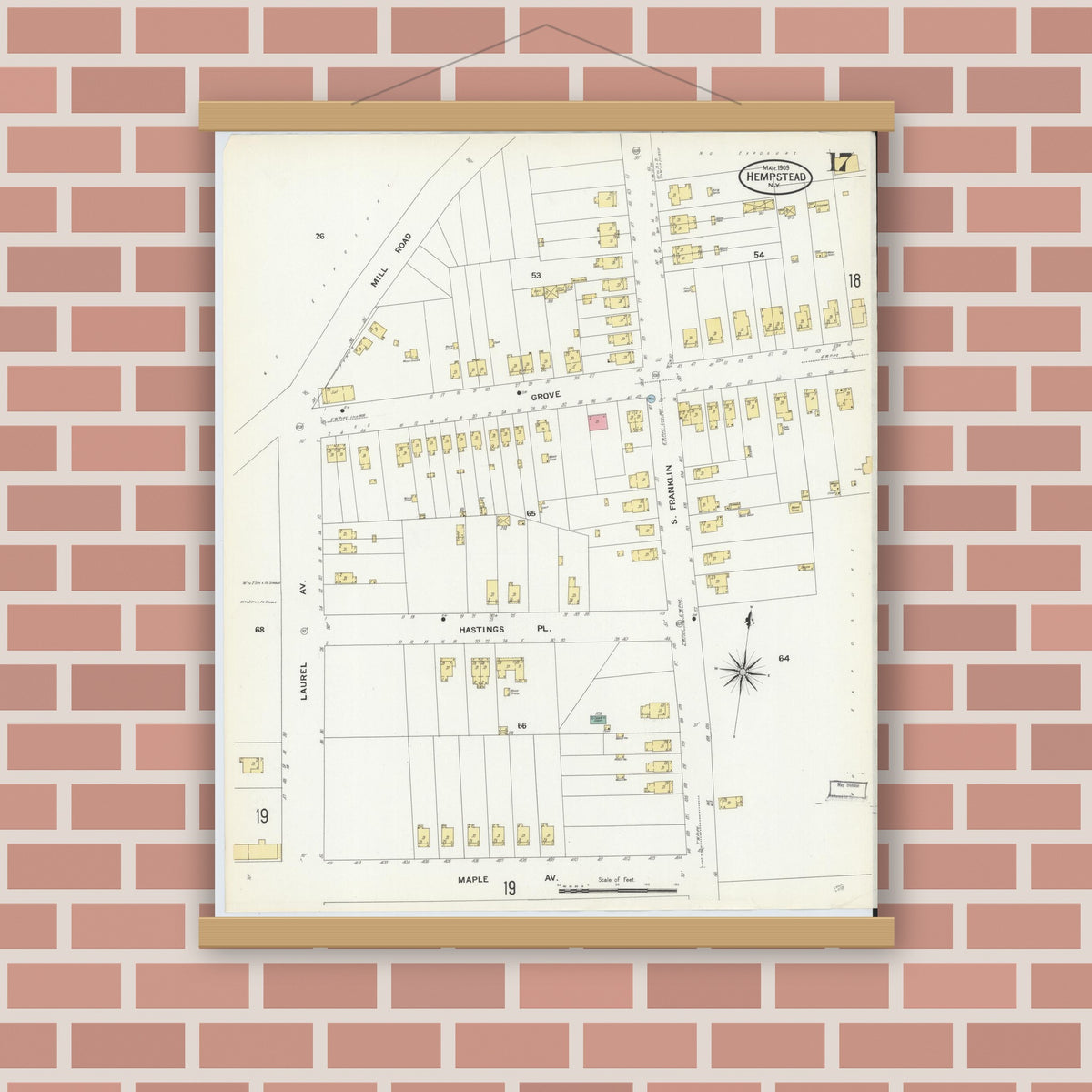 Old map wall art mockup — magnetic wood frame on brick wall — Sanborn Fire Insurance Map from Hempstead, Nassau County, New York (1909), Sheet #0017
