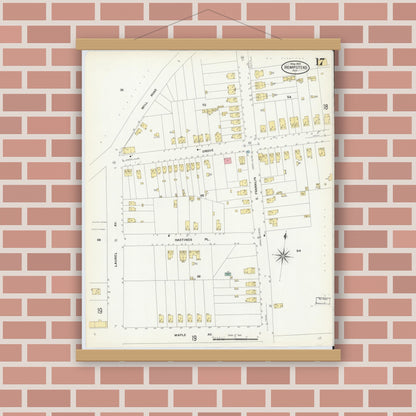 Old map wall art mockup — magnetic wood frame on brick wall — Sanborn Fire Insurance Map from Hempstead, Nassau County, New York (1909), Sheet #0017