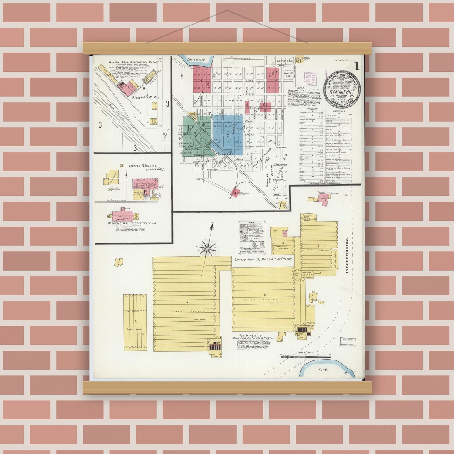 Old map wall art mockup — magnetic wood frame on brick wall — Sanborn Fire Insurance Map from Pleasant Hill, Cass County, Missouri (1906), Sheet #0001