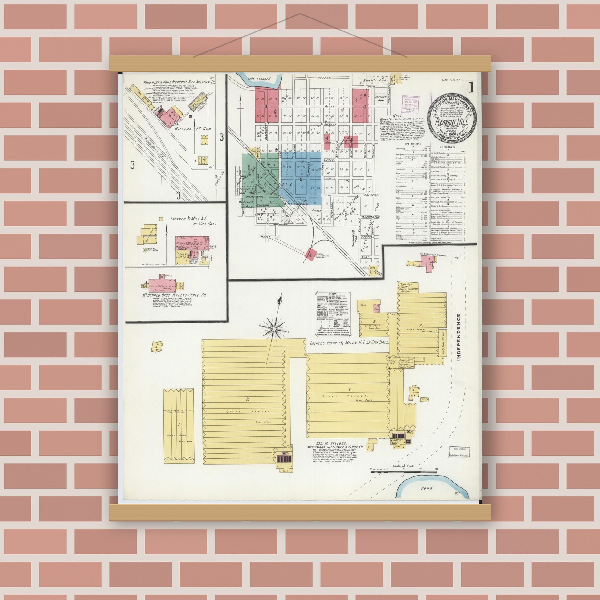 Old map wall art mockup — magnetic wood frame on brick wall — Sanborn Fire Insurance Map from Pleasant Hill, Cass County, Missouri (1906), Sheet #0001