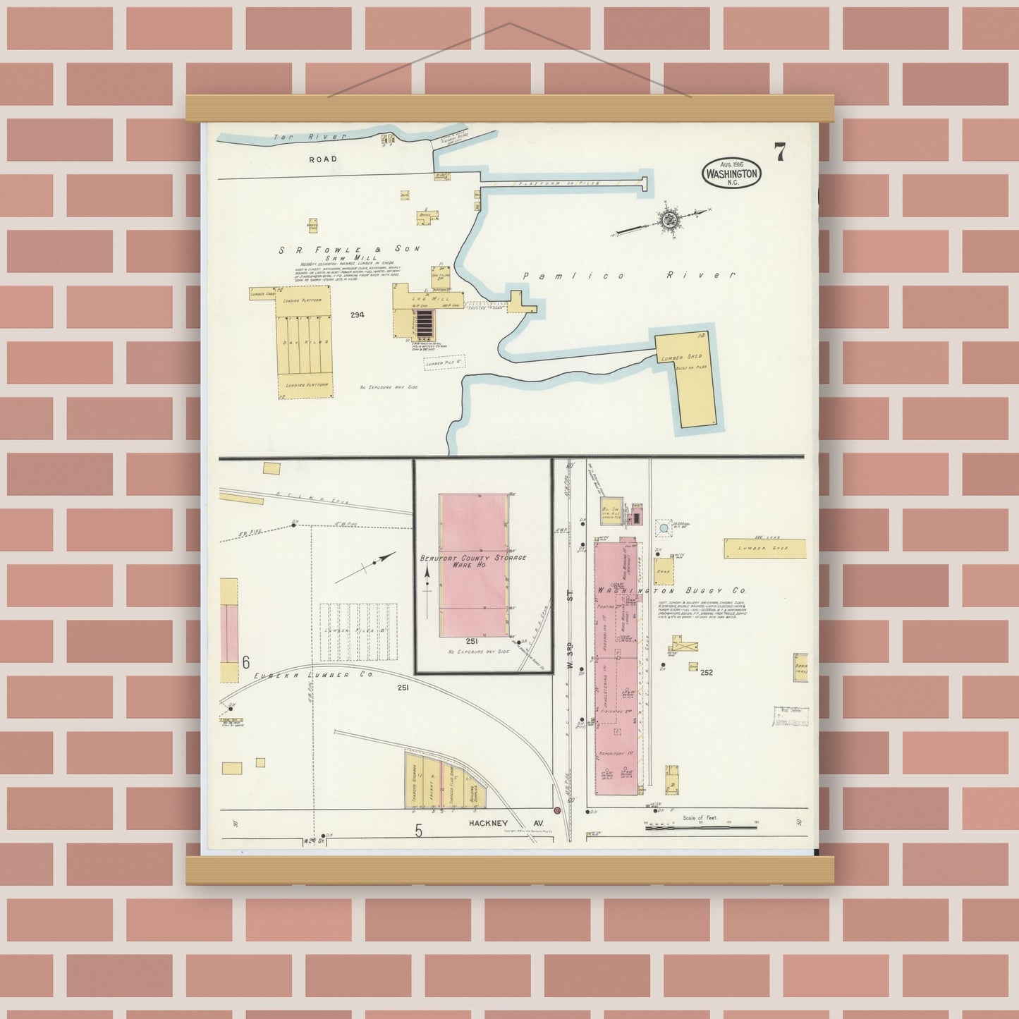 Old map wall art mockup — magnetic wood frame on brick wall — Sanborn Fire Insurance Map from Washington, Beaufort County, North Carolina (1916), Sheet #0007