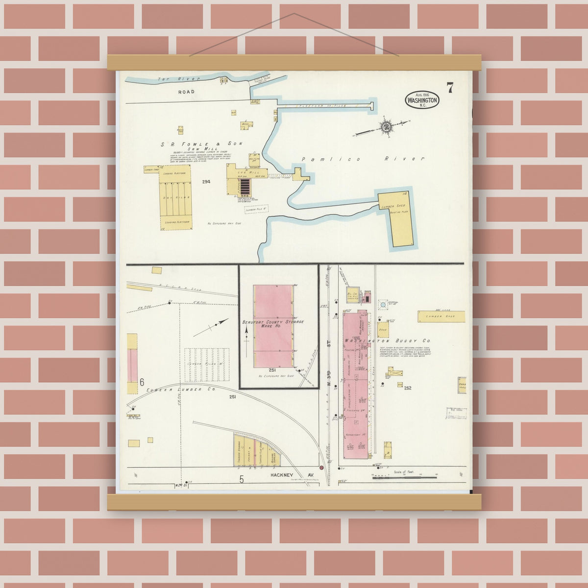 Old map wall art mockup — magnetic wood frame on brick wall — Sanborn Fire Insurance Map from Washington, Beaufort County, North Carolina (1916), Sheet #0007