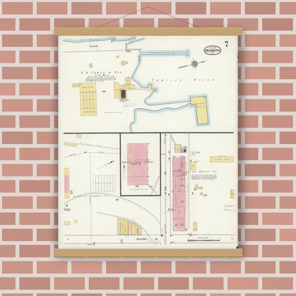 Old map wall art mockup — magnetic wood frame on brick wall — Sanborn Fire Insurance Map from Washington, Beaufort County, North Carolina (1916), Sheet #0007