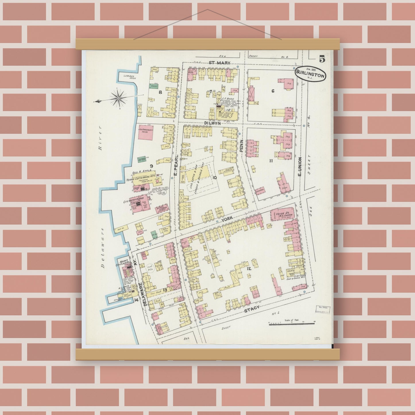 Old map wall art mockup — magnetic wood frame on brick wall — Sanborn Fire Insurance Map from Burlington, Burlington County, New Jersey (1891), Sheet #0005