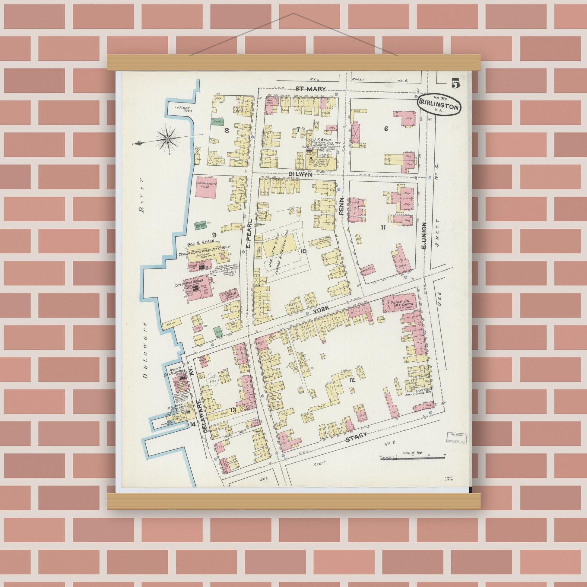 Old map wall art mockup — magnetic wood frame on brick wall — Sanborn Fire Insurance Map from Burlington, Burlington County, New Jersey (1891), Sheet #0005