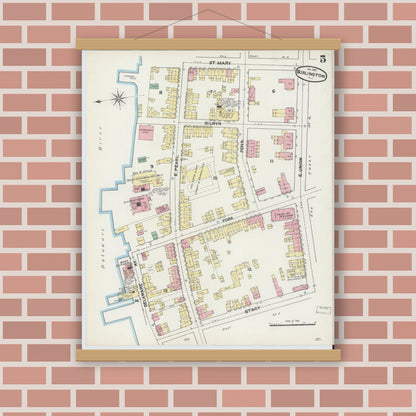 Old map wall art mockup — magnetic wood frame on brick wall — Sanborn Fire Insurance Map from Burlington, Burlington County, New Jersey (1891), Sheet #0005