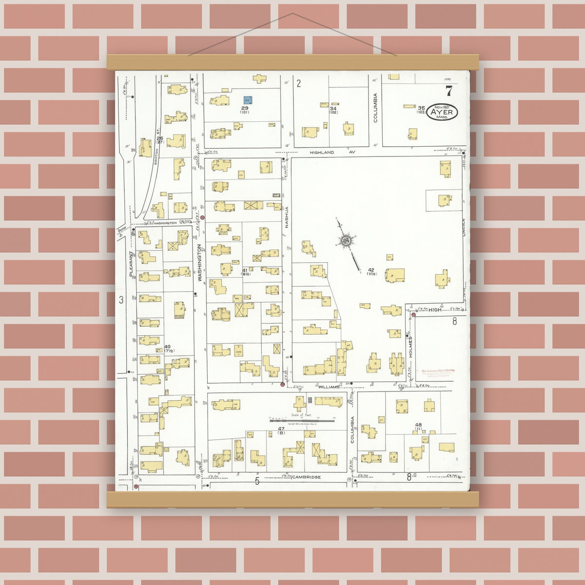Old map wall art mockup — magnetic wood frame on brick wall — Sanborn Fire Insurance Map from Ayer, Middlesex County, Massachusetts (1921), Sheet #0007