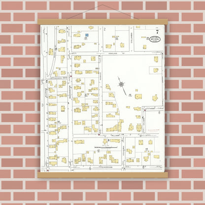 Old map wall art mockup — magnetic wood frame on brick wall — Sanborn Fire Insurance Map from Ayer, Middlesex County, Massachusetts (1921), Sheet #0007
