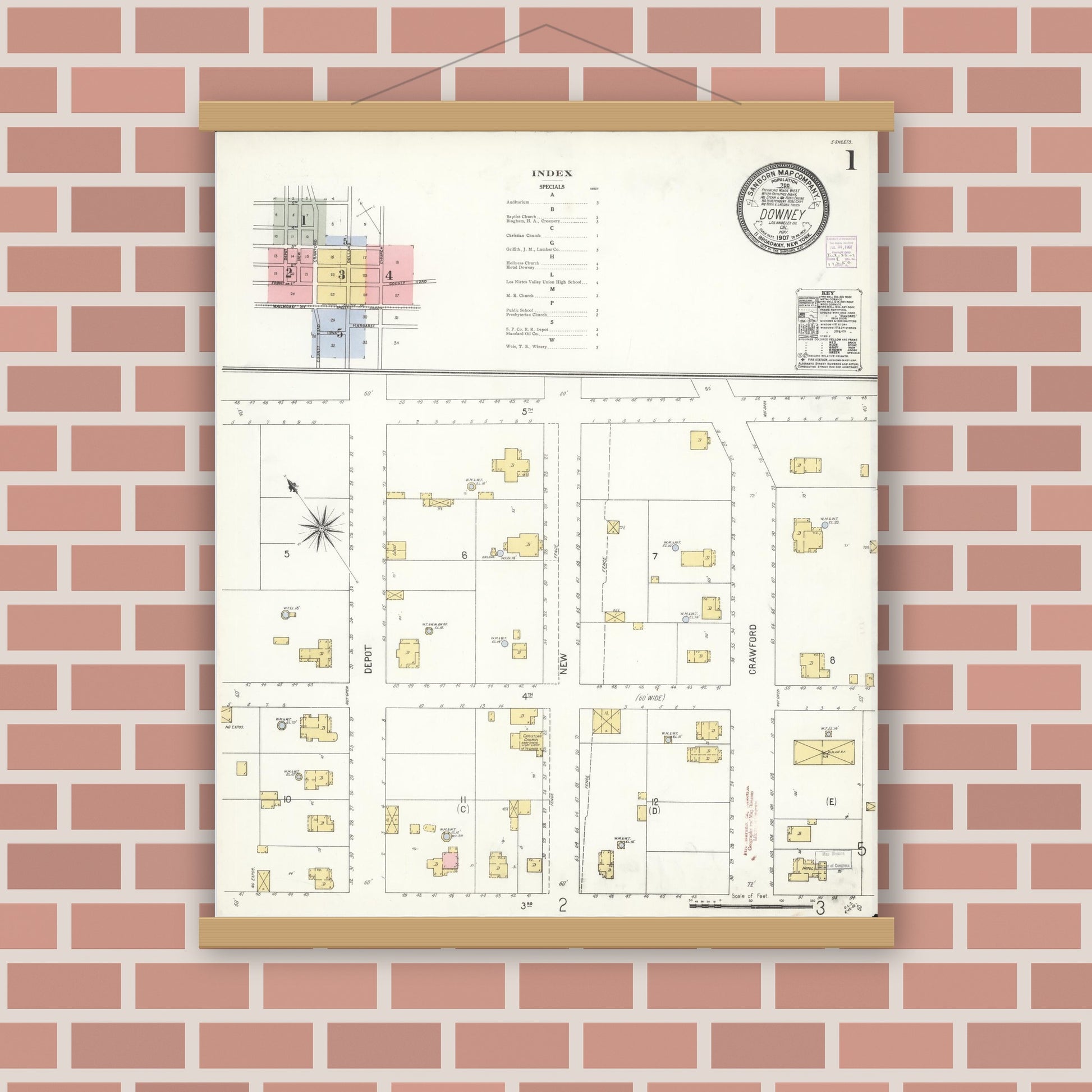 Old map wall art mockup — magnetic wood frame on brick wall — Sanborn Fire Insurance Map from Downey, Los Angeles County, California (1907) - Complete Map Set