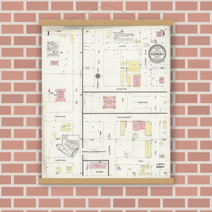 Old map wall art mockup — magnetic wood frame on brick wall — Sanborn Fire Insurance Map from Edinburg, Hidalgo County, Texas (1925), Sheet #0001