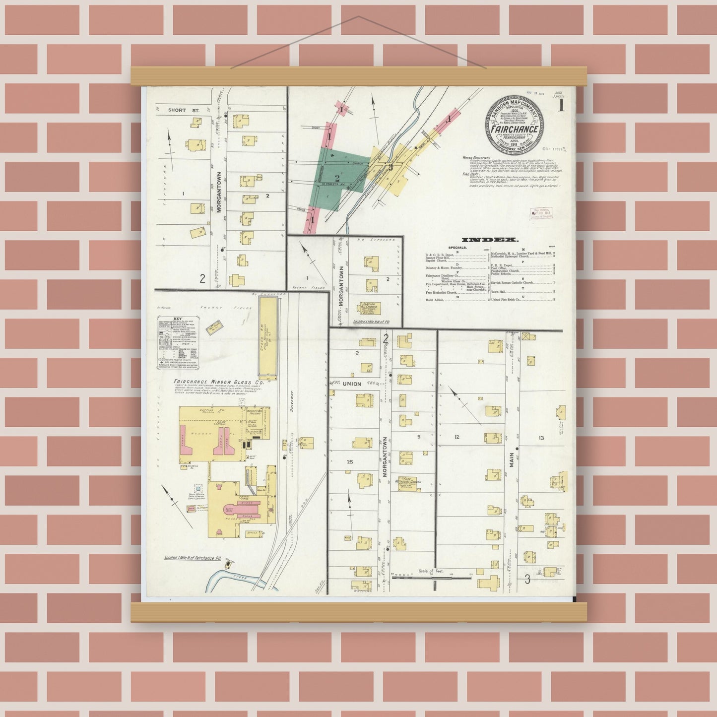 Old map wall art mockup — magnetic wood frame on brick wall — Sanborn Fire Insurance Map from Fairchange, Fayette County, Pennsylvania (1911) - Complete Map Set