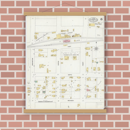 Old map wall art mockup — magnetic wood frame on brick wall — Sanborn Fire Insurance Map from Naperville, Du Page County, Illinois (1898), Sheet #0006