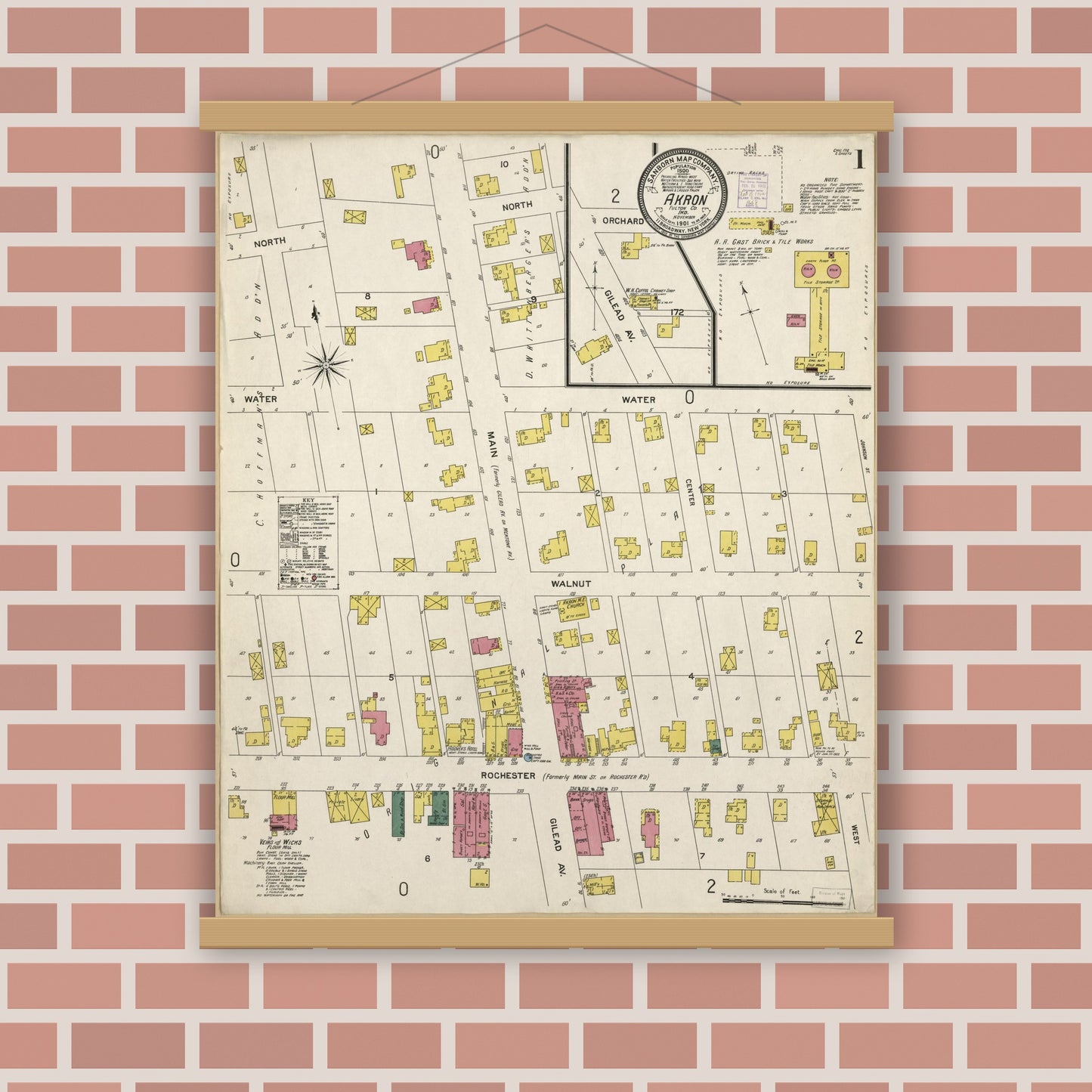 Old map wall art mockup — magnetic wood frame on brick wall — Sanborn Fire Insurance Map from Akron, Fulton County, Indiana (1901), Sheet #0001