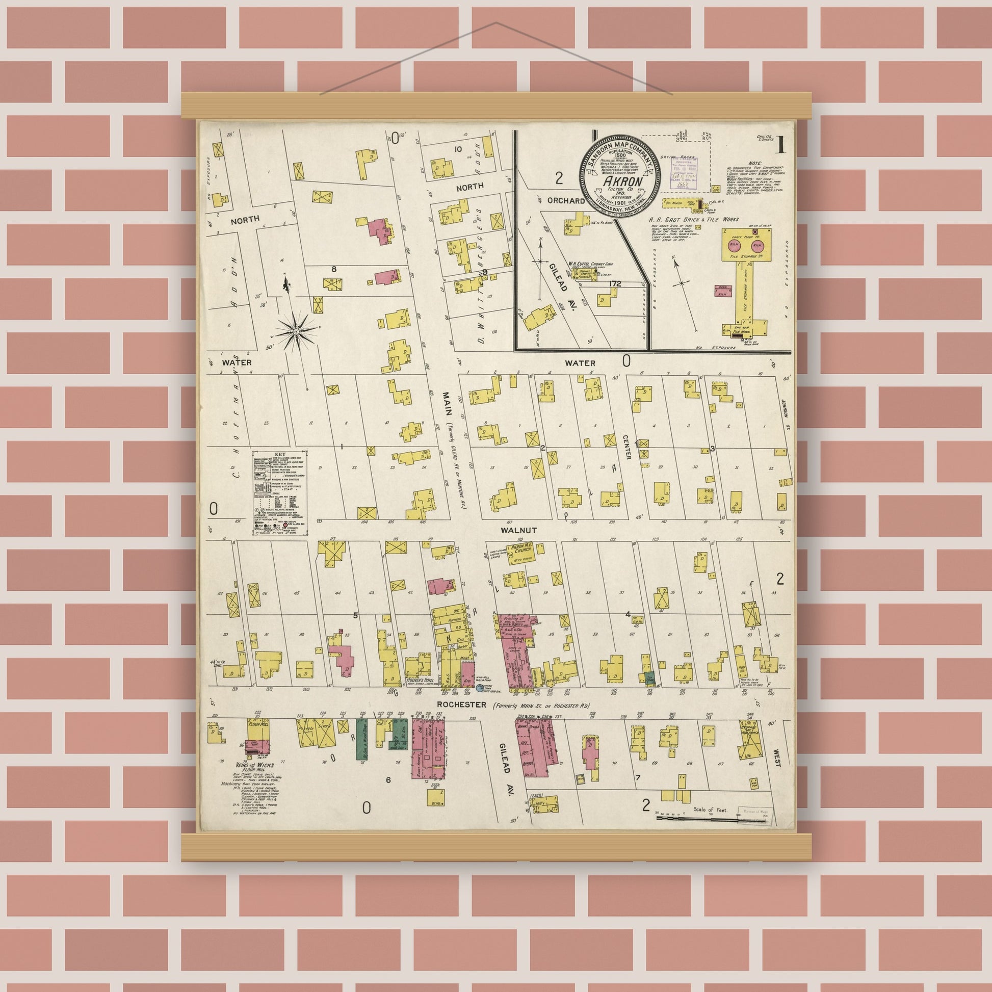 Old map wall art mockup — magnetic wood frame on brick wall — Sanborn Fire Insurance Map from Akron, Fulton County, Indiana (1901), Sheet #0001