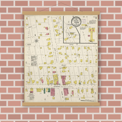 Old map wall art mockup — magnetic wood frame on brick wall — Sanborn Fire Insurance Map from Akron, Fulton County, Indiana (1901), Sheet #0001