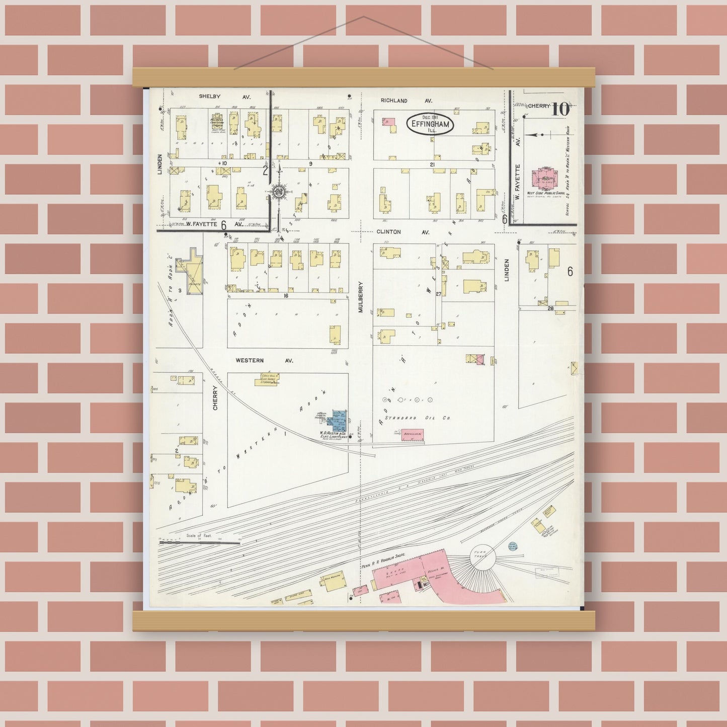 Old map wall art mockup — magnetic wood frame on brick wall — Sanborn Fire Insurance Map from Effingham, Effingham County, Illinois (1911), Sheet #0010