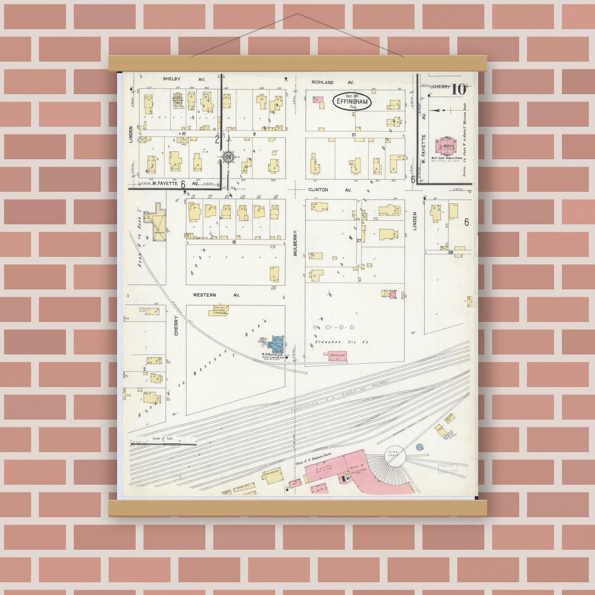 Old map wall art mockup — magnetic wood frame on brick wall — Sanborn Fire Insurance Map from Effingham, Effingham County, Illinois (1911), Sheet #0010