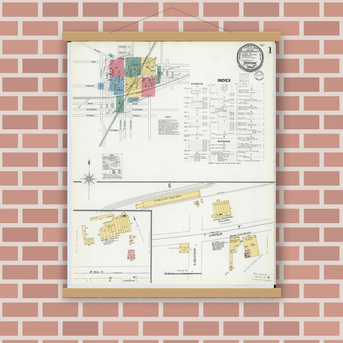Old map wall art mockup — magnetic wood frame on brick wall — Sanborn Fire Insurance Map from Crestline, Crawford County, Ohio (1901), Sheet #0001