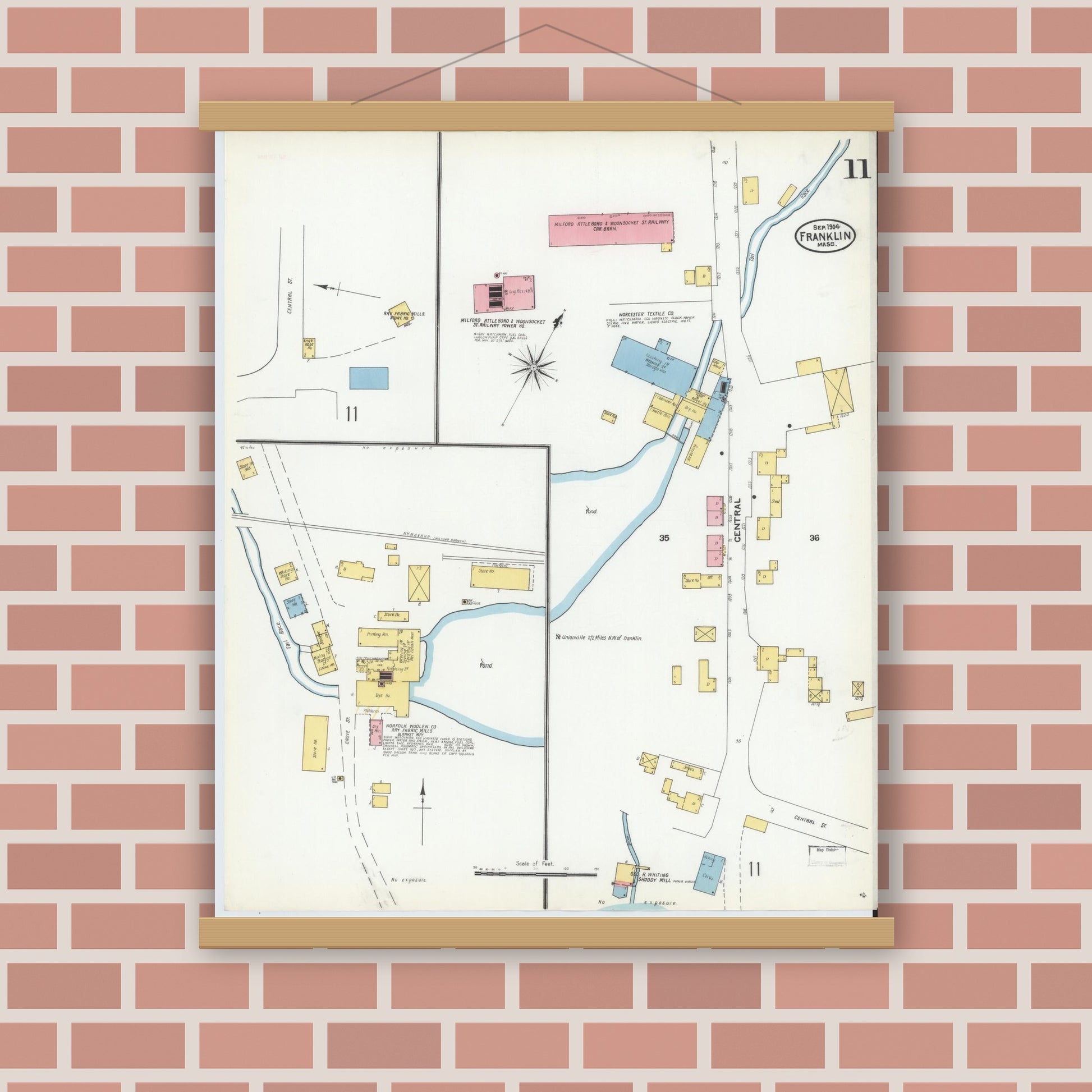 Old map wall art mockup — magnetic wood frame on brick wall — Sanborn Fire Insurance Map from Franklin, Norfolk County, Massachusetts (1904), Sheet #0011