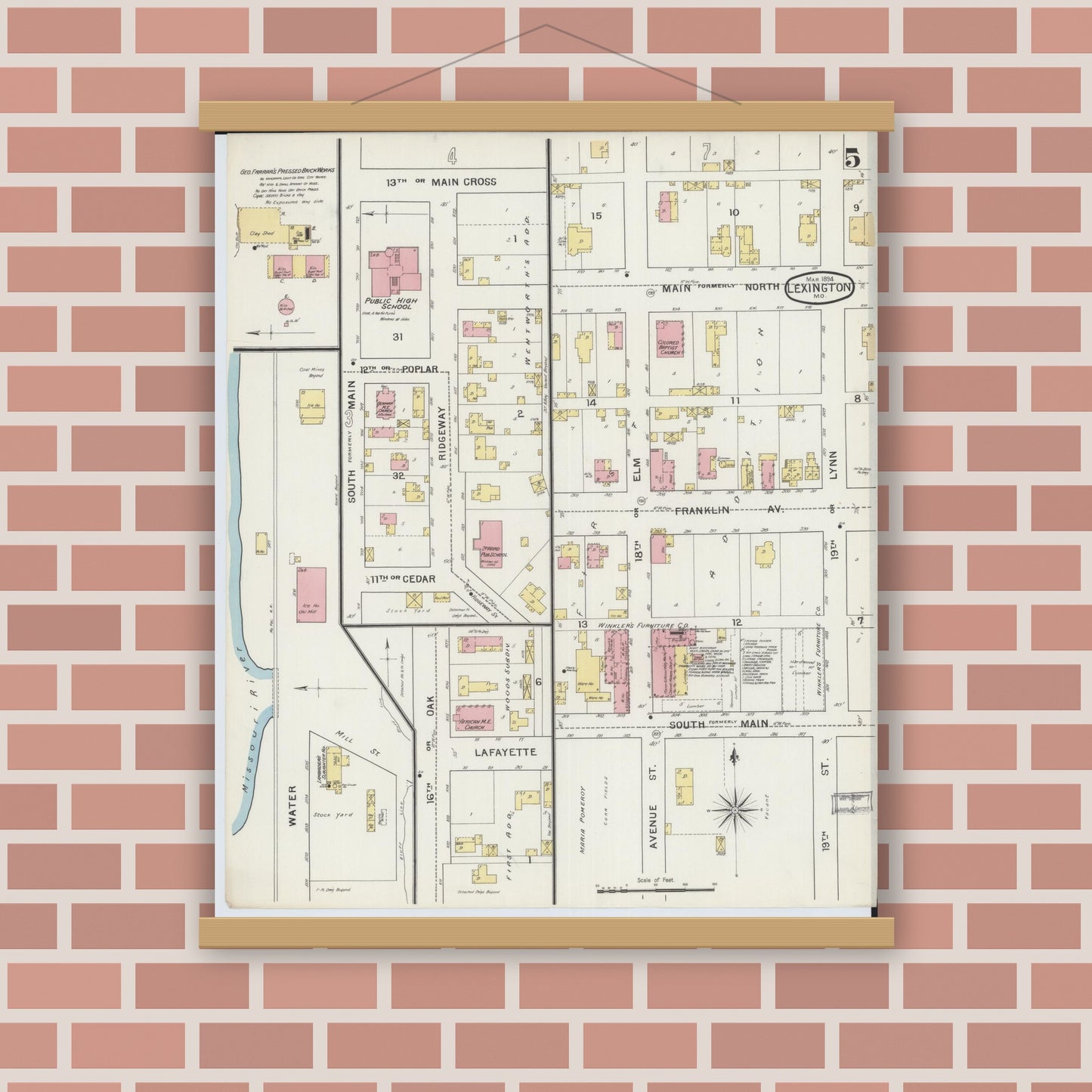 Old map wall art mockup — magnetic wood frame on brick wall — Sanborn Fire Insurance Map from Lexington, Lafayette County, Missouri (1894), Sheet #0005