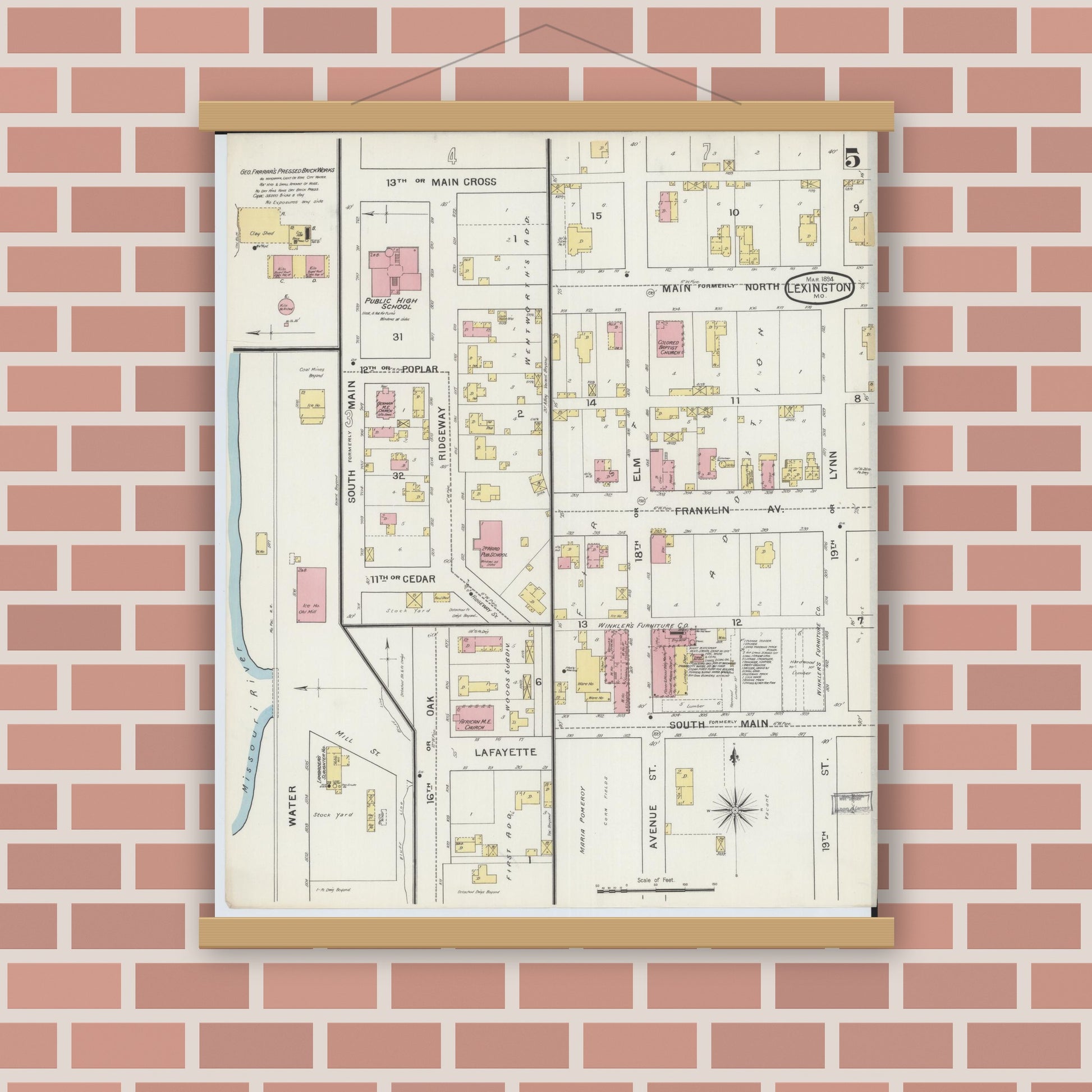 Old map wall art mockup — magnetic wood frame on brick wall — Sanborn Fire Insurance Map from Lexington, Lafayette County, Missouri (1894), Sheet #0005