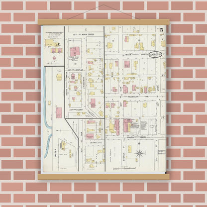 Old map wall art mockup — magnetic wood frame on brick wall — Sanborn Fire Insurance Map from Lexington, Lafayette County, Missouri (1894), Sheet #0005